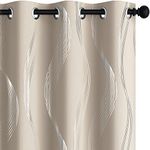 Deconovo Blackout Curtains, Room Darkening Foil Print Wave Grommet Window Drapes, Grommet Curtains for Bedroom, 42x84 Inch, Light Beige, 2 Panels