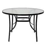 Panana 105cm Round Garden Dining Coffee Table with Parasol Hole Tempered Glass Tabletop Metal Frame for Outdoor Patio Balcony