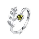 Ladies Birthstone Rings August for Women - Girls Sterling Silver Natural Peridot Ring 925 Adjustable Leaf Wrap Around Open Ring Promise Heart Band for Teens