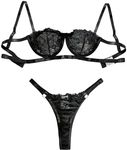 Lilosy Sexy Eyelash Underwire Floral Lace Sheer Lingerie Set Women See Through Linked Panty Bra 2 Piece, Black #2, Medium