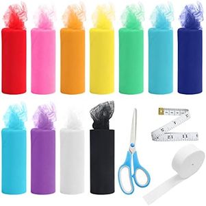 HANDI STITCH 11 Couleurs Rouleau de Tulle avec Ciseaux, Metre et Elastique - 15 cm x 23 m par Rouleau - Tulle Mariage, Tutu et Emballage Cadeau Arc-en-Ciel en Polyester