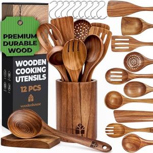 Wooden Spoons for Cooking – Wooden Cooking Utensils Set with Holder, Spoon Rest & Hooks, Teak Wood Nonstick Kitchen Cookware – Durable Set of 12pcs by Woodenhouse - Unique Kitchen Gifts for Women Men
