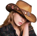 WELLATENT Cowboy Hats for Women, Brown Cowgirl Hats Classic Straw Western Hats for Women Music Festival Party Beach.