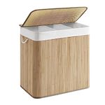 SONGMICS LCB091N01 Laundry Basket, 150 L Laundry Basket, 3 Compartments Sorting Compartments, Bamboo Lid, Handles, Foldable, Removable Machine Washable Bag, for Laundry Room, Bedroom, Wood Colour