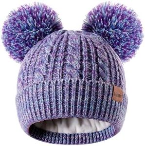 HAITHO Winter Hat for Kids Toddler Children, Girls Beanie with Double Pom Pom Warm Thick Thermal Fleece Lined, Girls Accessories Cute Knit Beanies Cap for Cold Weather(Multicolor-1)