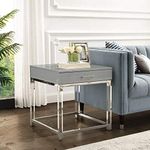 Casandra High Gloss 1 Drawer End Table with Acrylic Legs and Chrome Stainless Steel Base, Light Grey/Chrome