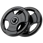 PhysKcal Olympic Weight Plates 2 x 10kg with Rubber Finish 2’’ Opening and Tri-Grips, Black Barbell Plates Discs for Lifting and Strength Training, Solid Cast Iron Core Weights Set for Barbell