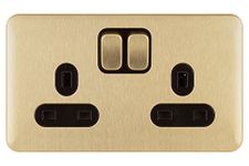 Schneider Electric Lisse Screwless Deco - Switched Double Power Socket, 13A, GGBL3020BSB, Satin Brass with Black Insert