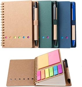 WILFANS 3 Packs Spiral Notebook Steno Pads Lined Notepad with Pen in Holder, Sticky Notes, Page Marker Colored Index Tabs Flags, 4.73"x5.9" Kraft Paper Cover Small Pocket Notebooks (3 Colours)