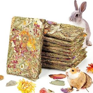 Abizoo Rabbit Natural Treats,10Pcs Timothy Hay Toys Chips Bunny chew Toys with Herbal Flowers Guinea Pig Treats for Hamster Chinchillas Gerbils Rats Small Animals Teeth Care Crisp Snacks