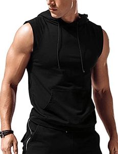 Amussiar Men's Workout Hooded Tank Tops Sleeveless Gym Training Hoodies Bodybuilding Muscle Cut Off T Shirt, Black, Medium