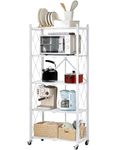 5-Shelf Foldable Storage Shelves, White Standing Bookshelf, 59" H x 25.6" L Metal Shelf, Heavy Duty Shelving Units, Storage Rack, Rolling Shelf No Assembly for Living Room Home Office Kitchen Balcony