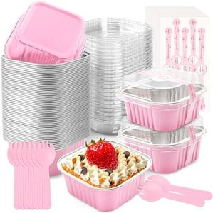 NPLUX 50 Pack Mini Cake Pans with Lids and Spoons Aluminum Foil Pans Square Cupcake Liners Brownie Baking Cups Disposable Ramekins Holders (Pink, 5oz)