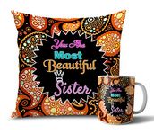 Kesar Enterprises Raksha Bandhan/Rakhi Gifts/Gifting Cushion/Pillow with Coffee Mug Best Brother|Best Sister|Bhai|Behen|Bro|Sis|Pyara Bhai|Pyari Behen (12X12 inches) - Combo Art 25