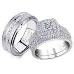 Newshe Wedding Rings Set for Him and Her Women Mens Tungsten Bands Princess Cz 2.3Ct Sterling Silver Size 7&11