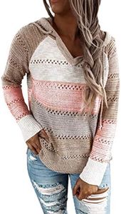 JomeDesign Womens Color Block Knitted Hoodies Sweaters Striped Long Sleeve Hollow Out Casual Pullover Sweatshirts Khaki X-Large