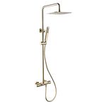 Shower Faucet System Mixer Set, Brushed Gold Bathroom Shower System with 10" Rainfall Shower Head Thermostatic Bathtub Shower Mixer Rain Shower Head Square Hand Shower and Shower Hose Kit,B