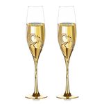 NUPTIO Gold Champagne Flutes Wedding: Set of 2 Heart Champagne Glasses Metal Crystals for Bride Groom Couples Engagement Gift