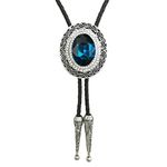 HAISWET Genunie Leather Native Western Blue Rhinestone Big Stone Bolo Tie Silver Tone