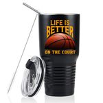 Basketball Lovers Gifts, Basketball Gifts for Coach, Dad, Son, Man, Coworker, Friends, Teammates on Birthday - Life is Better On The Court - Onebttl Stainless Steel Tumbler 30Oz - Black