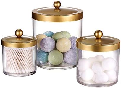 SheeChung Premium Quality Apothecary Jars - Clear Plastic Jars with Rust Proof Stainless Steel Lids - Bathroom Vanity Countertop Storage Organizer Canister Holder House Decor | Set of 3 (Gold)