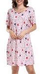 Vlazom Nighties for Women, Soft Ladies Nightdress Short Sleeves Print Cute Nightshirt Sleepwear Loungewear,Pink Cat,S