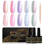 Shining She Pearl Gel Nail Polish, 5 Colors Pink Purple Shimmer Mermaid Gel Polish Soak-Off UV/LED Nail Polish Swirl Thread Effect Nail Art Salon DIY Home, 8ML