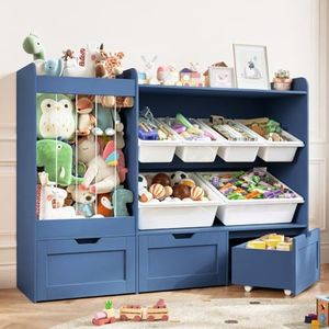 VortinT 50.6" W Large Toy Storage, Kids Toy Organizer Shelf with Stuffed Animal Zoo, 6 Plastic Bins, 3 Rolling Box, Wooden Toddler Toy Bookshelf Organization Shelves for Kidsroom, Bedroom (Blue)
