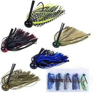 Goture Fishing Jigs - Football Jigs for Bass Fishing- Bass Jigs Fishing Lures with Weed Guards, MUSTAD Hook, Silicone Skirts, Football Head - 3/8oz 5PCS Football Bass Jigs with Storage Box