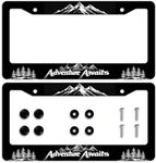 Adventure Awaits License Plate Frame 2 Pack Mountains Black and White Car Front License Plate Personalise License Plate Frames Rust-Proof Stainless Steel Metal Car Plates Tag Funny Decor Men Women