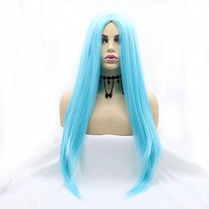 Xiweiya Wigs Long Straight Aqua Blue Synthetic Machine Made Wig Silky Full Heat Resistant Fiber Hair Middle Part Wig Free Wig Cap for Women 24 Inch for Family Makeup Party Cosplay