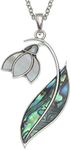 Kiara Jewellery Snowdrop Flower Pendant Necklace Inlaid With Natural greenish blue Paua Abalone Shell And Mother Of Pearl on 18" Trace Chain. Non Tarnish Silver Colour Rhodium plated.