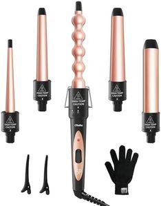 Curling Wand, Ohuhu 5 in 1 Hair Curler, Curling Tongs Iron Set with 5 Pcs 0.35 to 1.25 Inch Interchangeable Ceramic Barrel Heat Protective Glove 2 Clips Dual Voltage, Gift for Girl Women