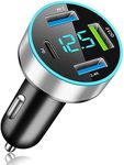 [4IN1]BELIYO car charger fast charge 4 ports USB [QC3.0+PD 30W] 36W/2.4A 2024 voltage display meter cigarette lighter socket USB cigar socket USB fast charging car charger(Silver)