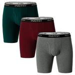 INNERSY Mens Anti Chafing Boxer Shorts Cotton Long Boxers Briefs Sports Pants Underwear Multipack 3 (L, Marl Grey/Dark Red/Christmas Green)