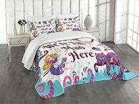 Ambesonne Alice in Wonderland Bedspread, We are All Mad Here Words with Caterpillar White Rabbit Cheshire Cat, Decorative Quilted 3 Piece Coverlet Set with 2 Pillow Shams, Queen Size, Purple Blue