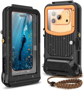 YUECHCASES Universal Diving Phone Case for 5.4"-6.9", 15m/50ft Professional Underwater Housing with Vacuum Valve, Physical Shutter, 1/4" Tripod Mount (Black Orange, for iPhone (Left-Side Button))