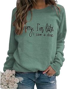 Sorry I'm Late I Saw A Dog Sweatshirt Women Funny Dog Lover T-Shirt Casual Crew Neck Long Sleeve Dog Mom Graphic Tops Light Green