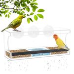 Suekiria Rectangle Window Bird Feeder with 3 Strong Suction Cups, Arcylic Bird House, Clear and Transparent, Removable Water+Food Tray with Drain Holes, Easy Install and Clean for Backyard and Viewing