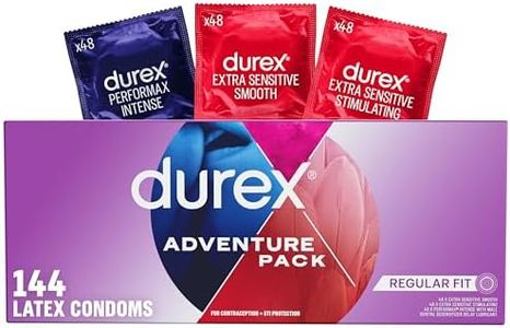 Durex Condoms Adventure Pack | Mix of Smooth & Ribbed Condoms Bulk | Variety Pack | Regular Fit Latex (Includes Durex Extra Sensitive Smooth, Stimulating, & Performax Intense), 144 ct