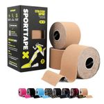 SPORTTAPE Kinesiology Tape, 5cm x 5m, 3 Rolls, Beige - Waterproof & Hypoallergenic Kinetic Physio Tape for Muscle Injury Recovery, Sports Strapping for Knee Pain, Shoulder, Joint Support & Blisters