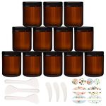 HWASHIN 12 Pack 8 oz Amber Glass Jars with Black Lids, Round Cosmetic Containers for Lotion Cream (Labels and Cosmetic Spatulas Included)