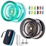 MAGICYOYO K2 Crystal Yoyo Pack of 2, Responsive Yoyo for Kids, Dual Funtion Yoyos Professional with 2 Unresponsive Yoyo Bearing + 12 Yoyo Strings, Yoyo Case, Bearing Removal, Axle Tool (Green + Black)