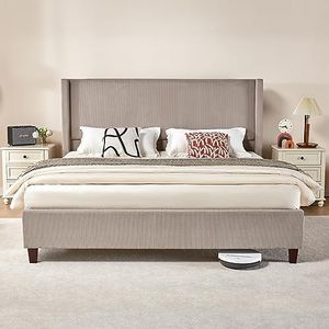 VanAcc King Size Platform Bed Frame, 50.8" Corduroy Upholstered Bed with Vertical Channel Tufted Headboard/Wooden Slats/Wingback/No Box Spring Required/Taupe