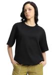 JUNEBERRY® Pure Cotton Oversized Baggy Fit Drop Shoulder Plain Solid Black T-Shirt for Women (OS_J_Black_S)