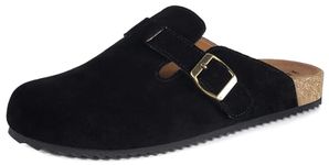 Suede Leather Clogs for Womens Mens Slip on Mules Antislip Cork Sandals with Arch Support Potato Shoes Buckle Black