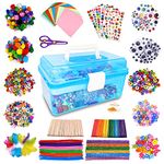 obqo 1800+ Pcs Kids Craft Box Kit, Toddler Arts and Crafts for Kids includes Pom Poms, Pipe Cleaners, Feather, Folding Craft Box - All in One for Kids Toddler DIY Craft Set (Blue)