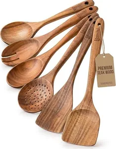 Luxury Teak Wood Utensil Set - Elegant 6-Piece Cooking Ensemble Including Spoons, Server, Scraper & Spatula - Expertly Crafted for Culinary Excellence