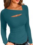 VICHYIE Long Sleeve Shirts for Women Cutout Tops Ribbed Slim Fitted Fashion Fall Clothes One Piece Pullover Tee Tshirts Teal S