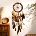 Dream Catcher Native American Boho Dreamcatcher Rattan Wall Decor, Handmade Natural Goose Feathers Brown Golden Beaded Hanging Ornament Indian Decor for Bedroom Living Room (Dark Brown)